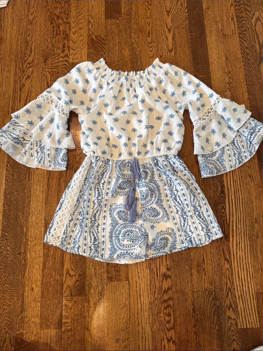 Hannah Banana Girls White & Blue Paisley Off-Shoulder Romper Dress Size 7